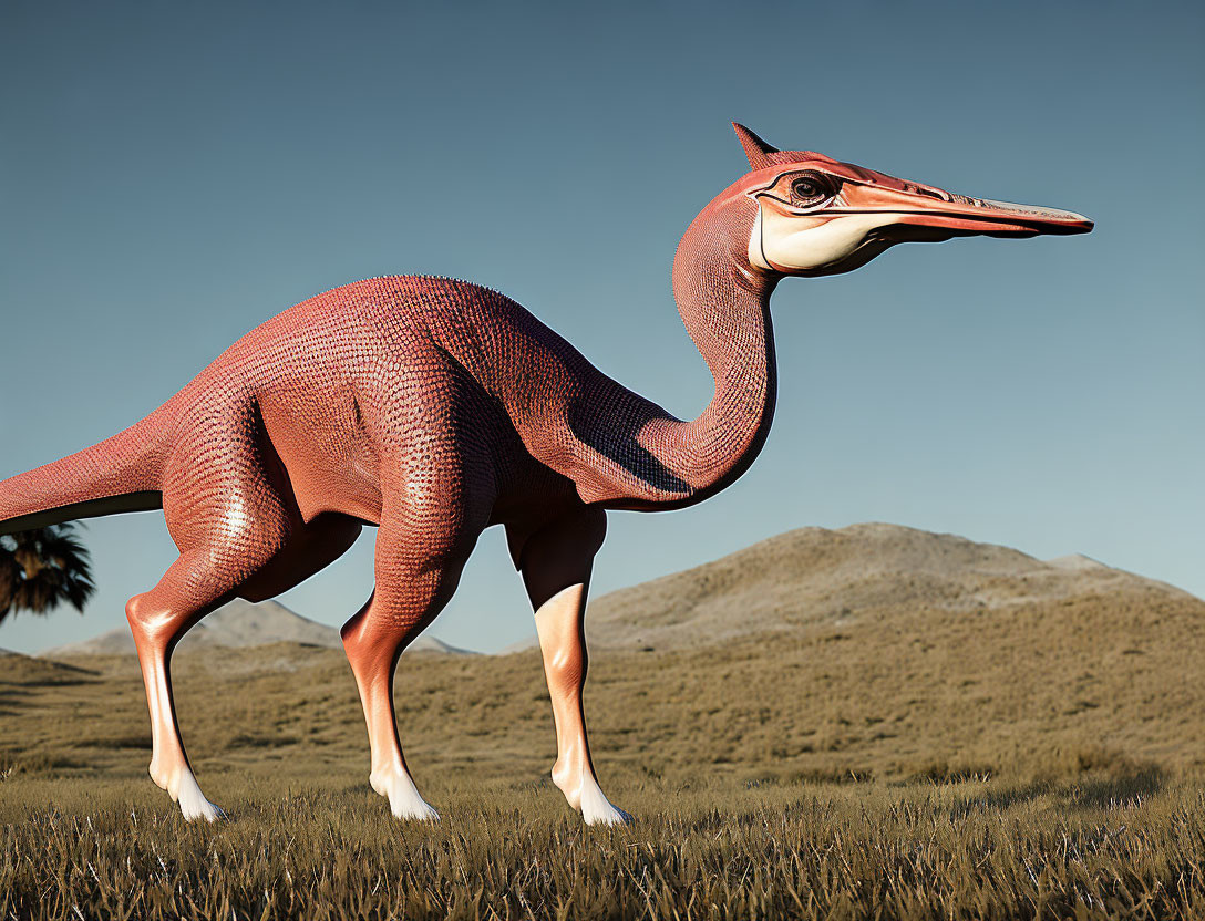 Red bird-like dinosaur in grassy field under blue sky