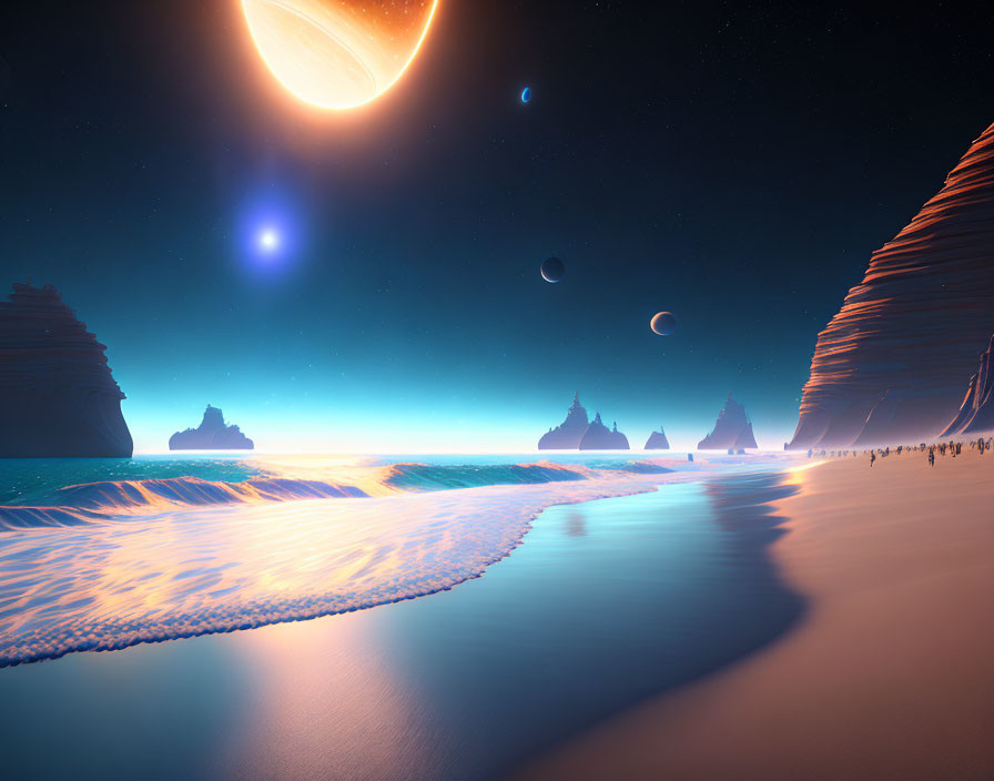 Twilight beach scene with multiple moons, planet, and glowing star