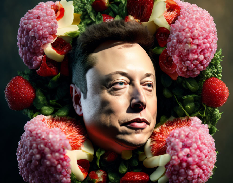 Man's face in ornate fruit and flower frame on dark backdrop