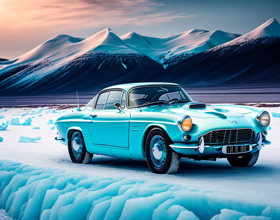 Vintage Turquoise Car on Icy Terrain with Snow-Covered Hills and Dusky Sky