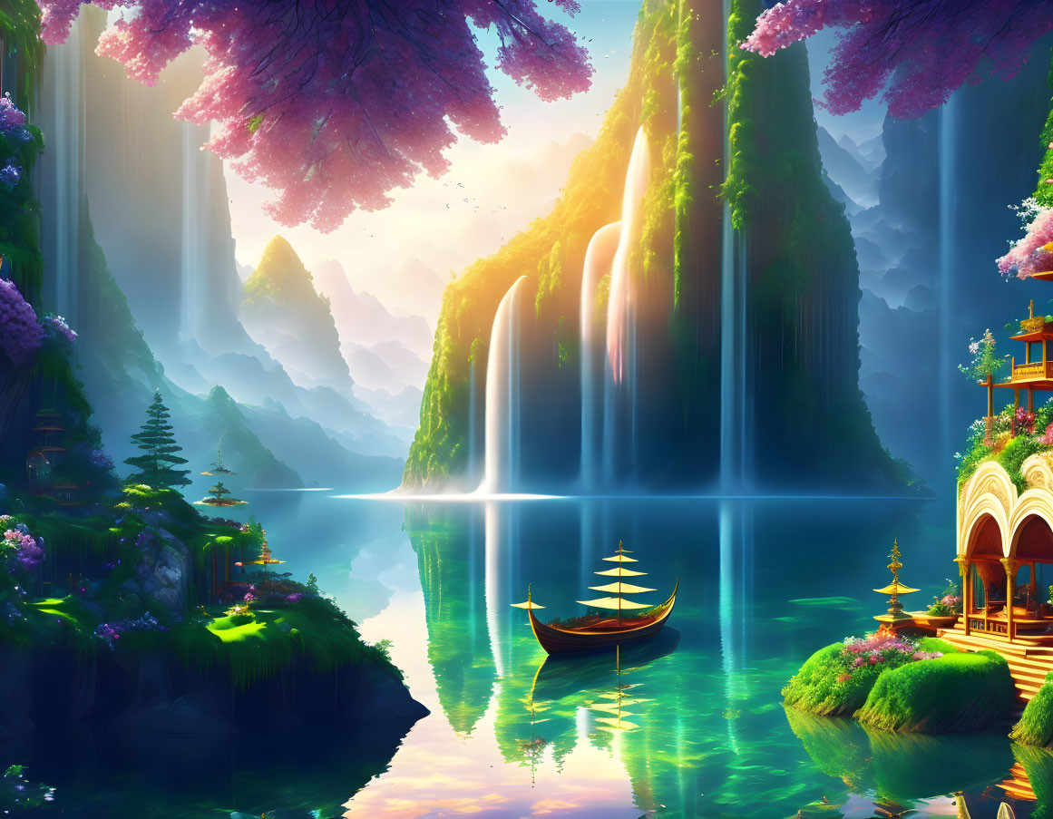 Fantasy landscape with vibrant waterfalls, boat, trees, and ornate architecture