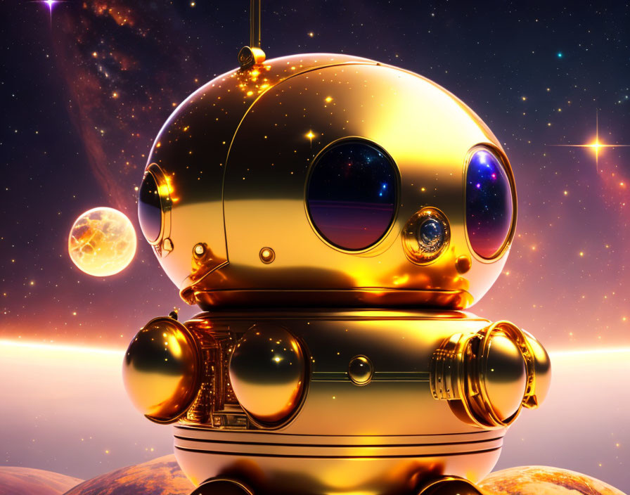 Golden round robot in cosmic setting with stars and planets