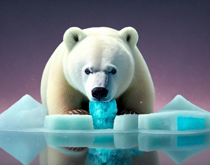 Polar bear sitting by melting ice under twilight sky