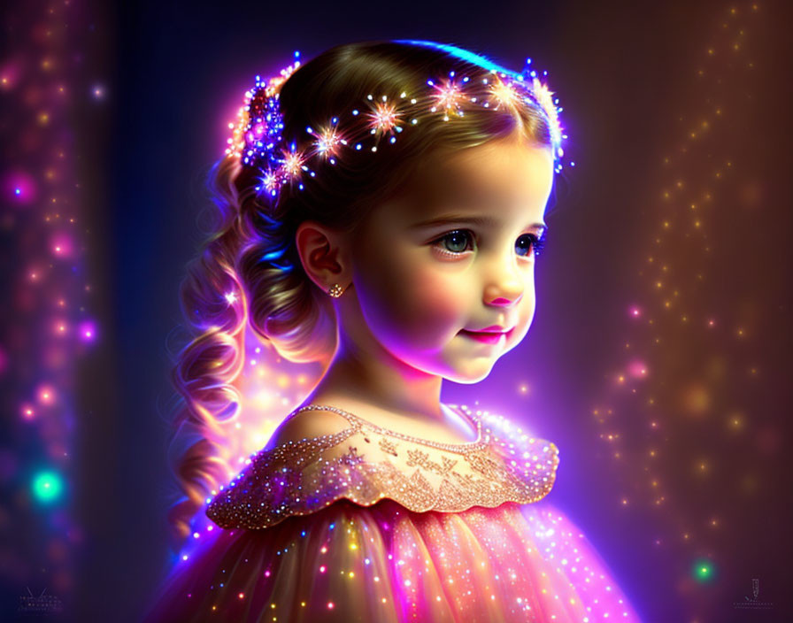 Digital artwork of young girl with sparkling lights in hair and dress