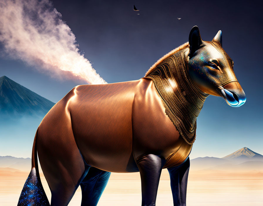 Stylized metallic lion with shimmering mane in desert landscape