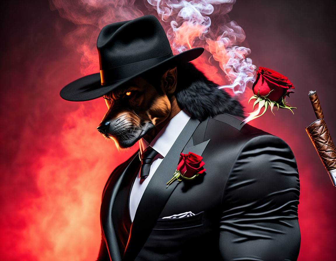 Anthropomorphic dog in tuxedo and hat with roses and cigar on red background