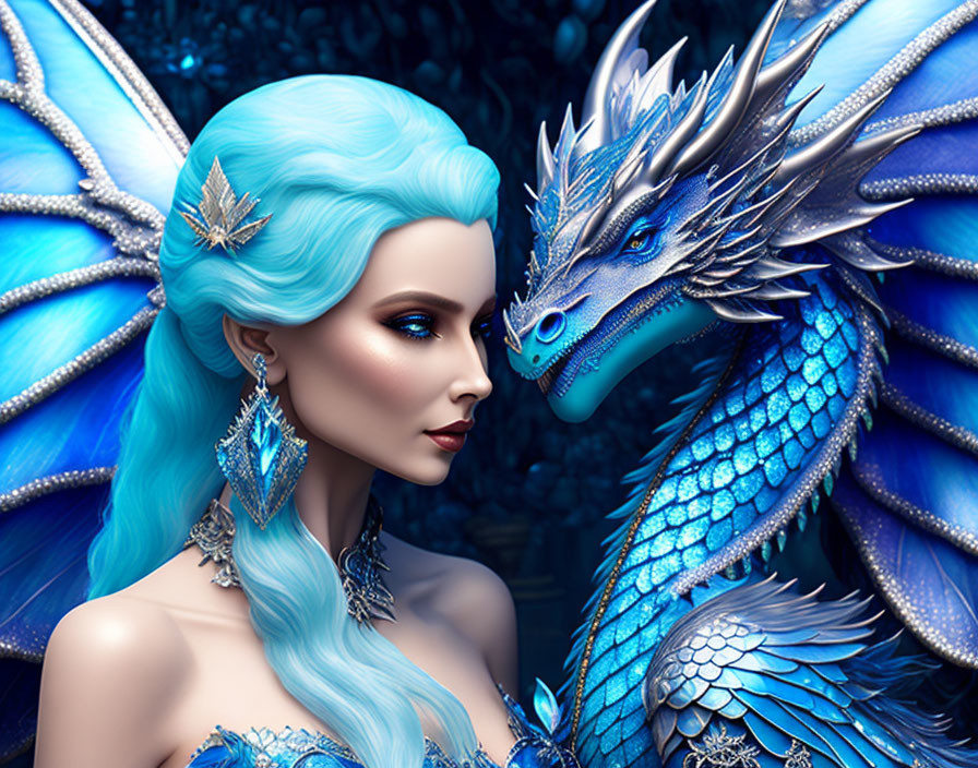 Fantasy illustration of a woman with blue hair and elfin features next to a blue dragon with jew