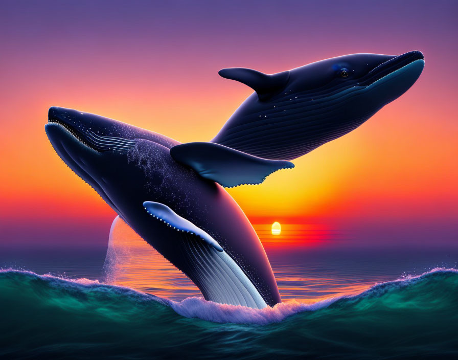 Whales leaping in sunset ocean scene