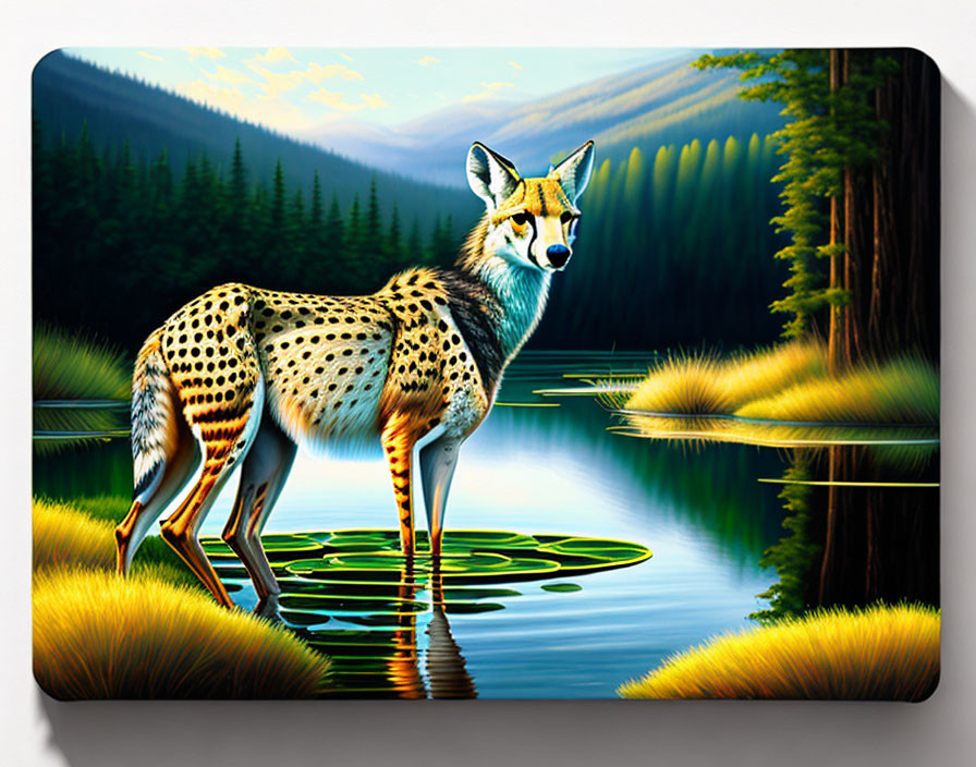 Vibrant digital illustration of spotted coyote by forest lake