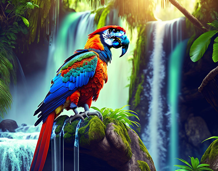 Colorful Macaw Perched on Rock with Waterfall and Foliage