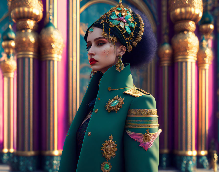 Jeweled headdress and military-style jacket woman near golden pillars