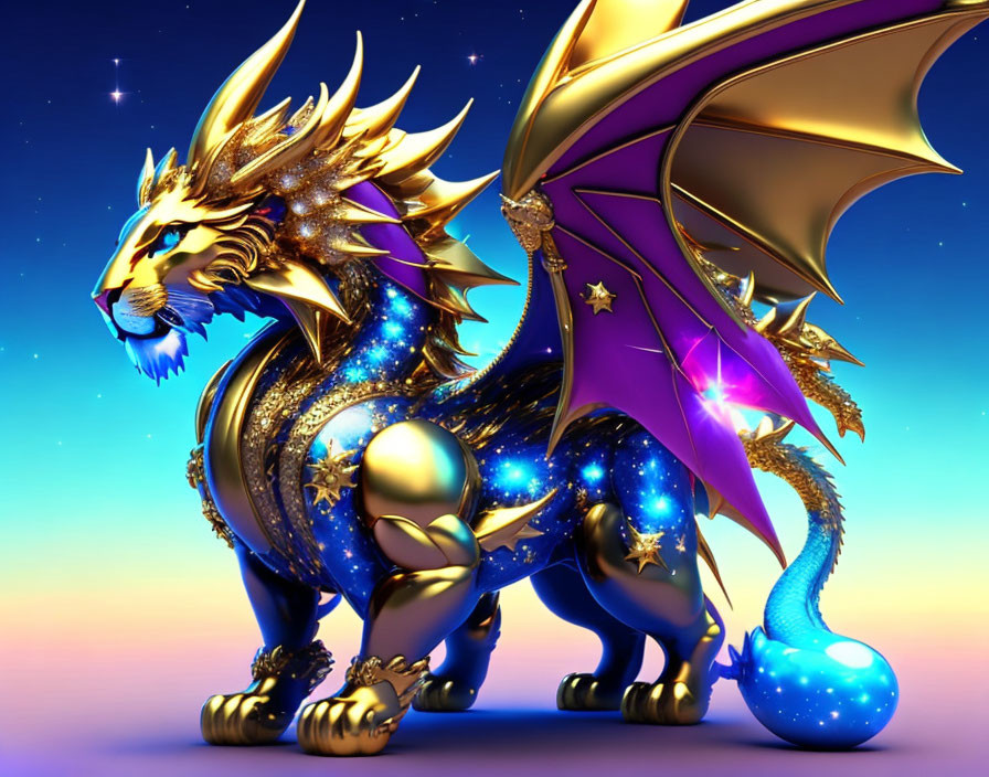 Golden-winged lion with cosmic body and purple wings on starry background