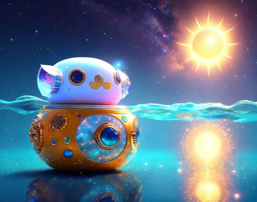 Futuristic robot with mustache floating on water under sun and stars