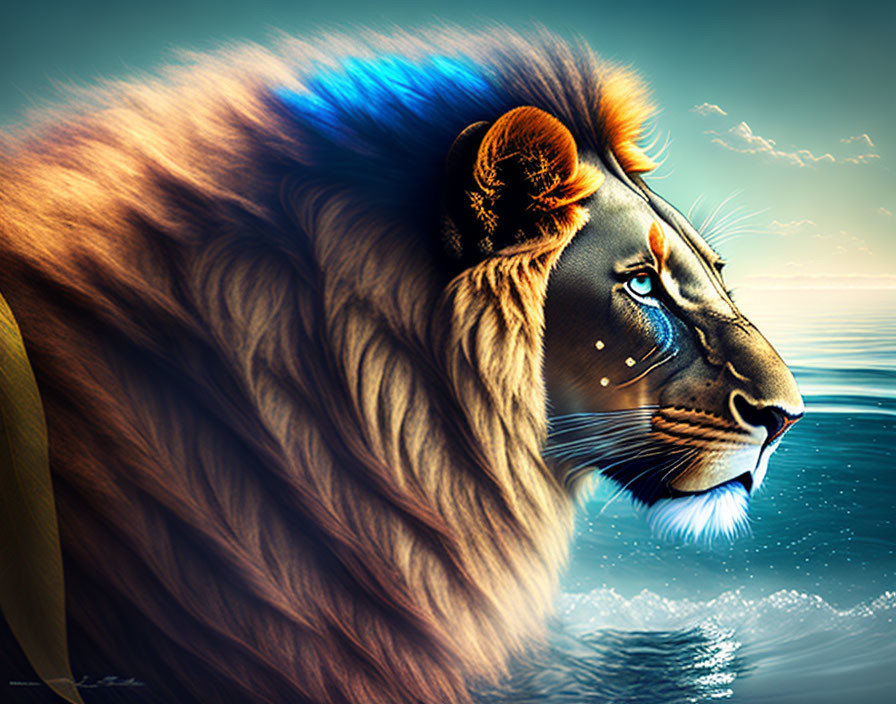 Digital art: Lion head fused with ocean sunset and mystical blue light