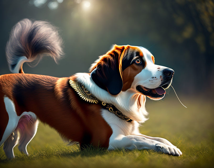 Tricolor Dog with Fluffy Tail and Golden Collar in Play Bow Position