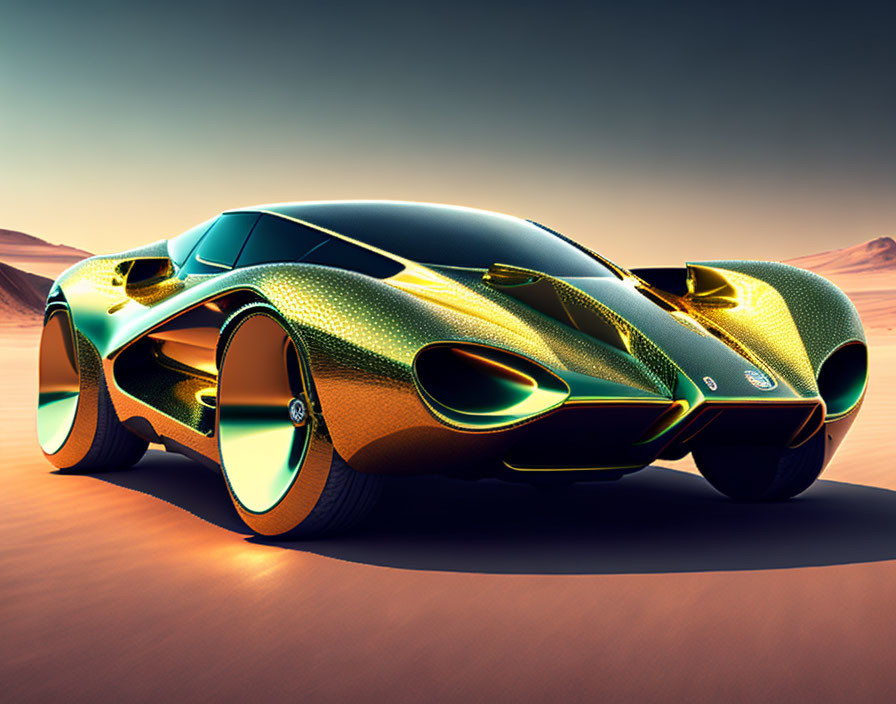 Golden-Yellow Futuristic Supercar on Desert Terrain