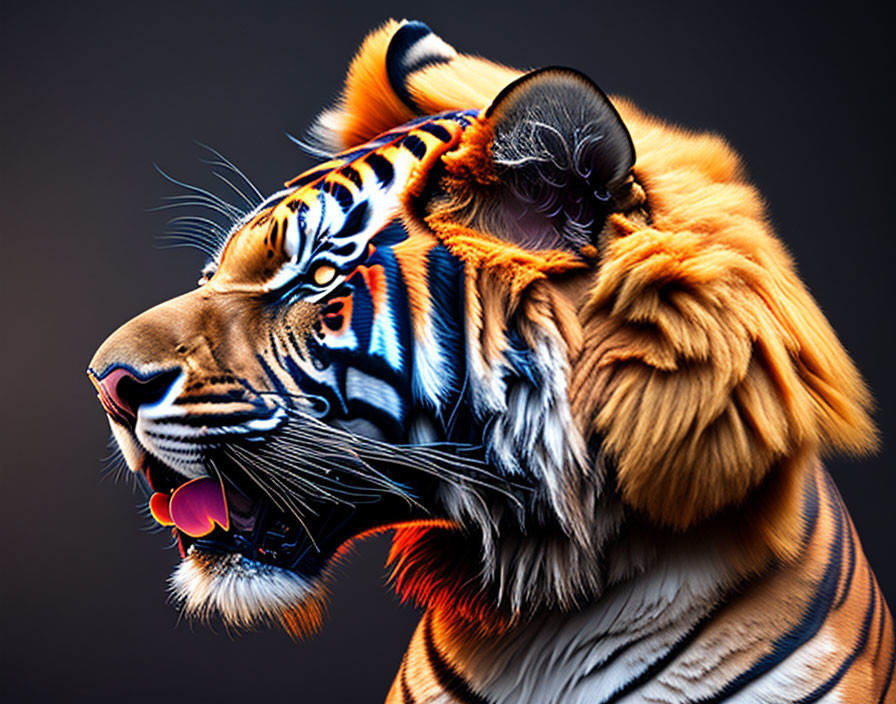 Colorful tribal patterns merge with tiger's head in digital art.