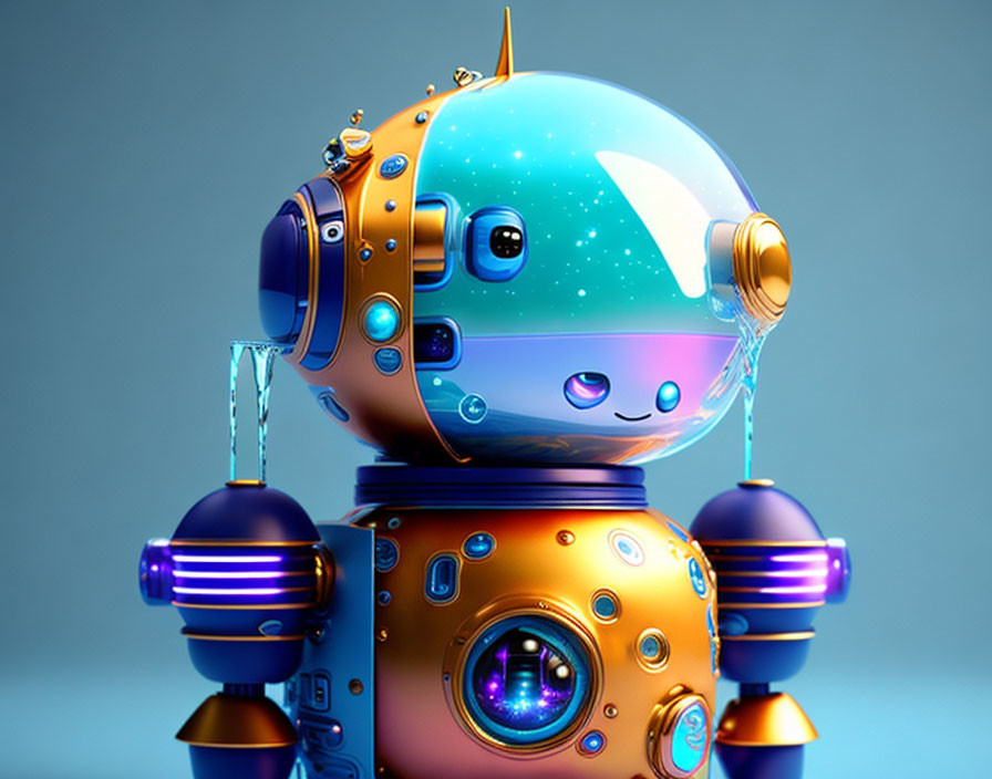 Cartoon-style robot with glossy blue spherical head and galactic theme