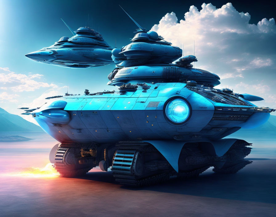 Futuristic blue battleship with turrets over calm lake at sunrise or sunset