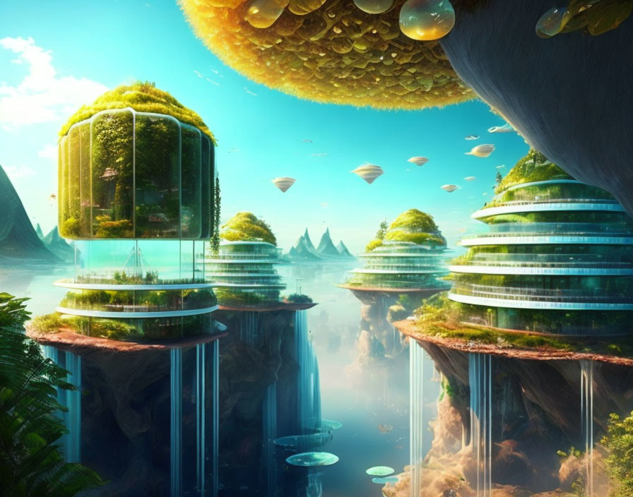 Futuristic cityscape: green cylindrical buildings, cliffs, floating islands, waterfalls, and air