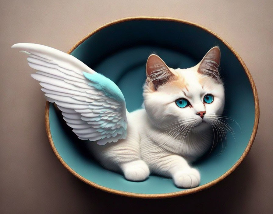 White Cat with Blue Eyes and Turquoise Wing in Bowl