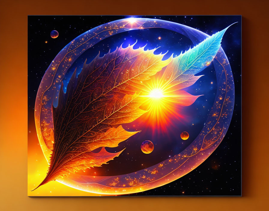 Cosmic leaf with glowing sun, planets, and stars on orange backdrop