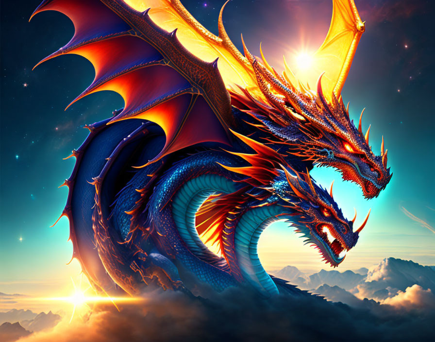 Majestic blue and red dragon in mountain sunset scene