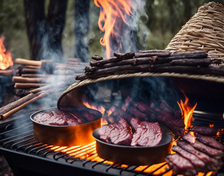 Grilling Steaks and Sausages with Fire and Smoke in Wooded Area