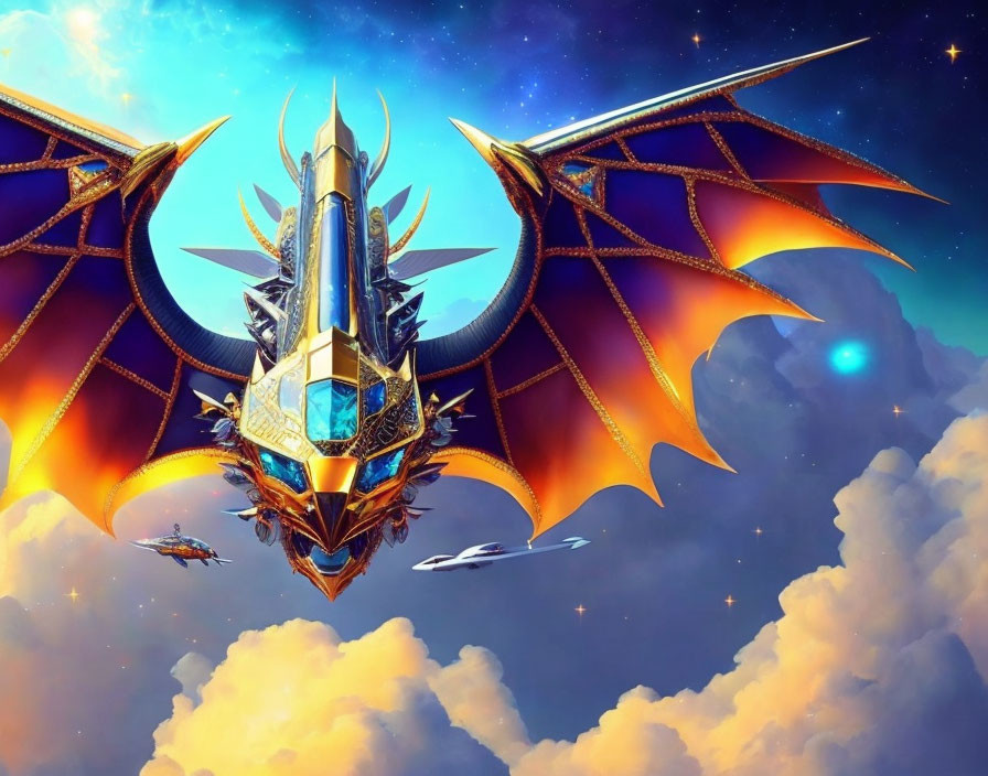 Majestic armored dragon in celestial setting