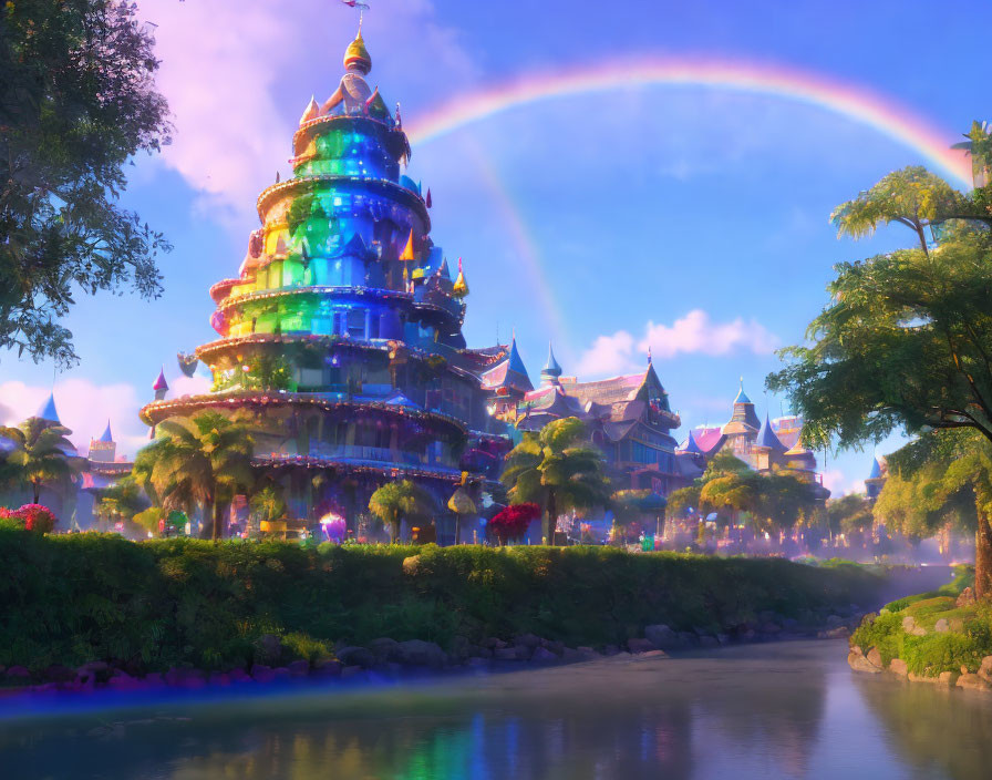 Colorful Fairytale Castle Surrounded by Lush Greenery and Soft Rainbow