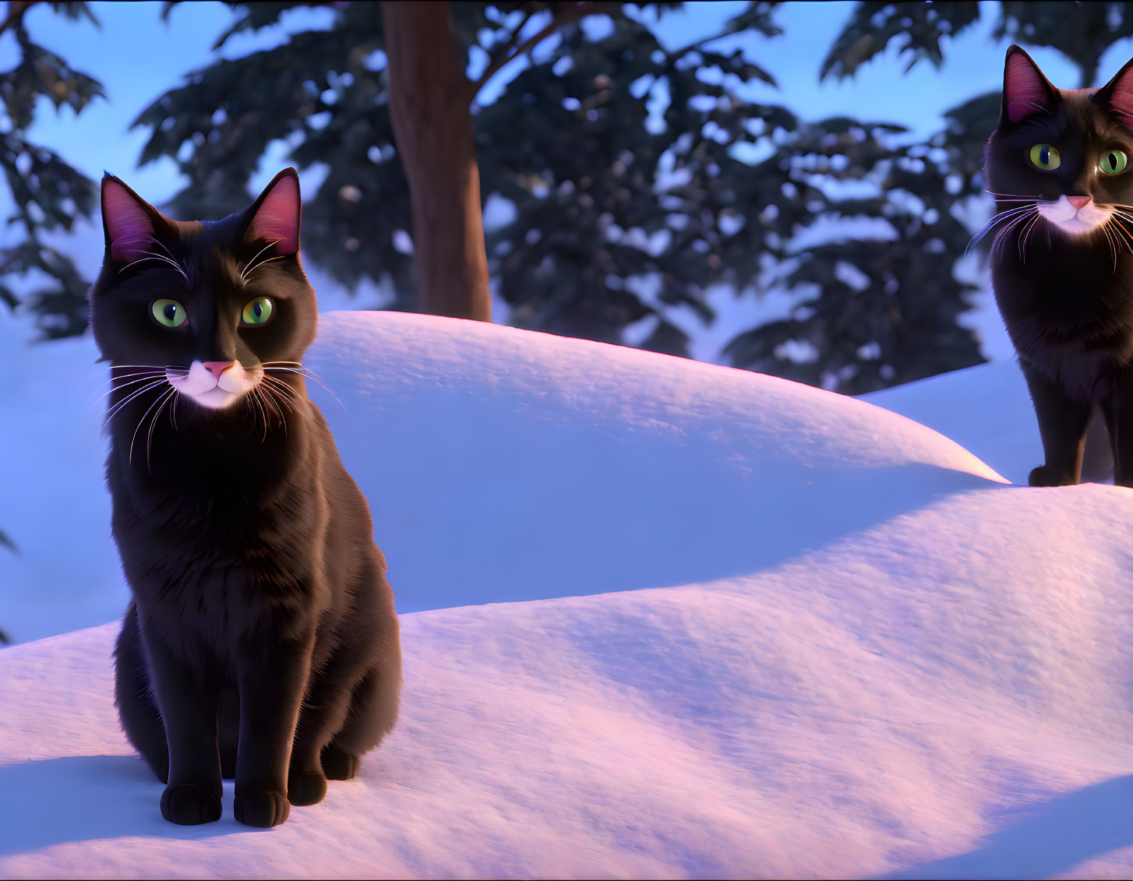 Two black animated cats with green eyes in snow-covered landscape with trees and dusk sky