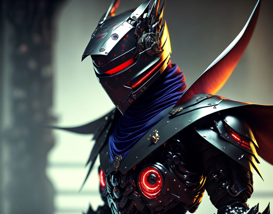 Digital artwork of character with mechanical features and vibrant red eyes in black armor with red accents, showcasing intricate