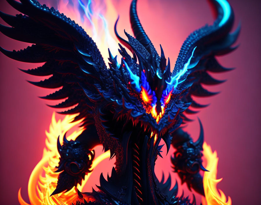 Colorful Dragon Figurine with Blue and Orange Flames on Red Background