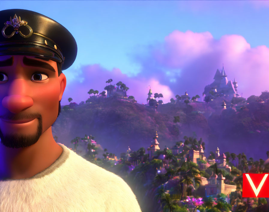 Cap-wearing animated character in vibrant castle town scenery