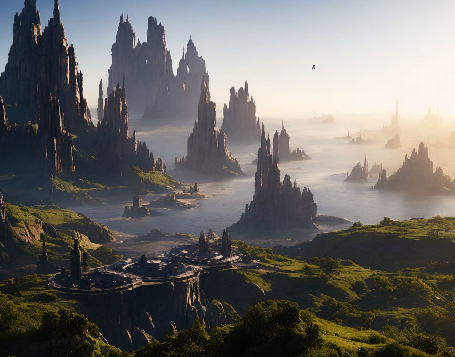Majestic rock formations, futuristic city, ships in sunny sky