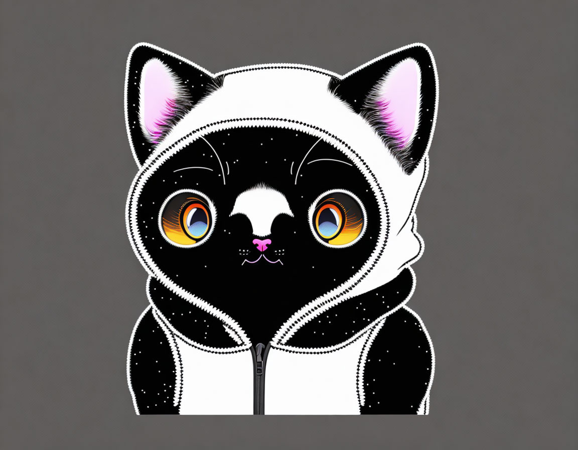 Wide-eyed cartoon cat in hooded jacket on gray background