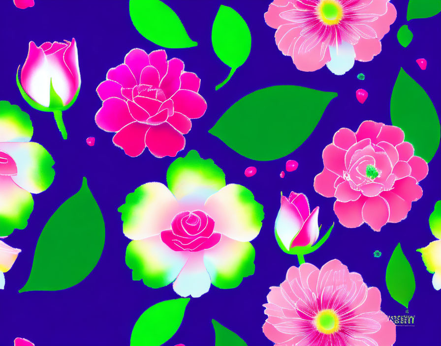Colorful Neon Rose and Leaf Pattern on Dark Blue Background