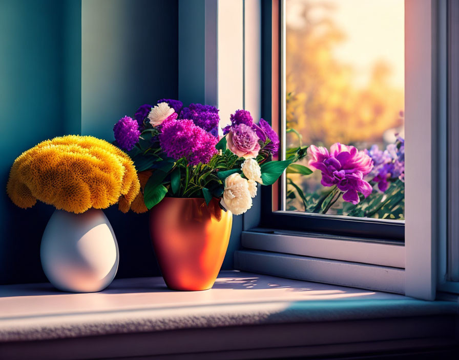 Vibrant bouquet in vase on sunny windowsill with blooming plants view