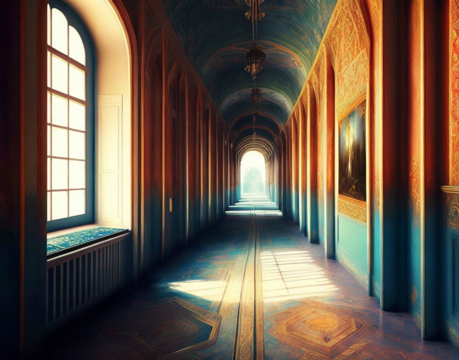 Ornate Sunlit Corridor with Arched Windows and Frescoed Walls