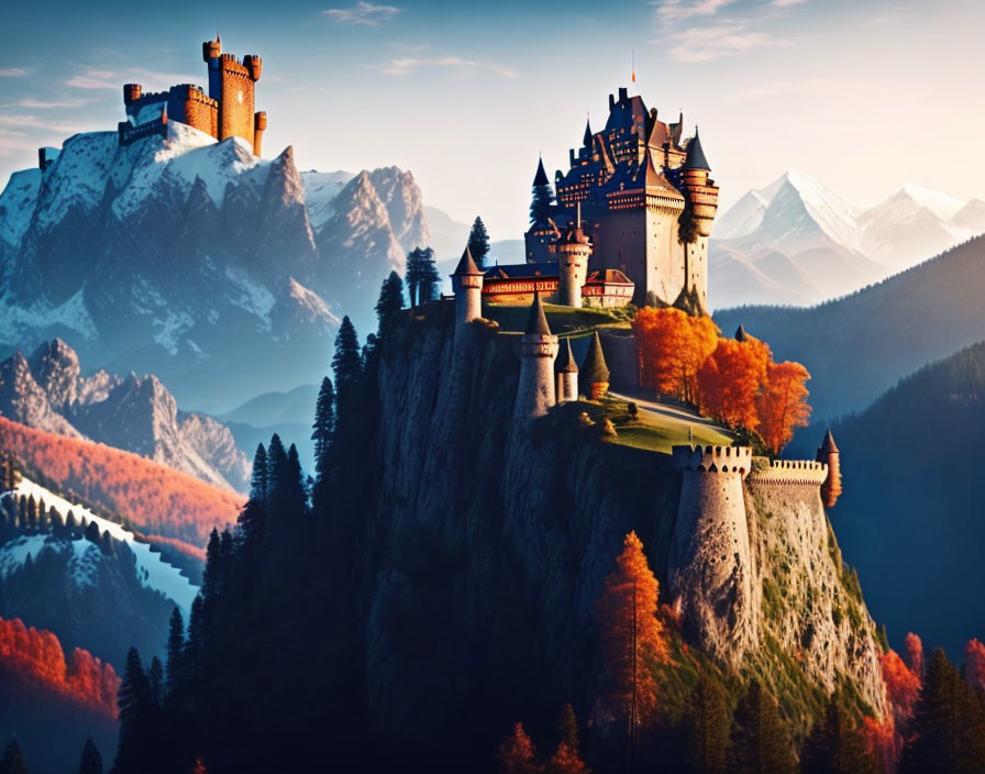 Majestic castle on steep cliff with snowy mountains and autumnal forests