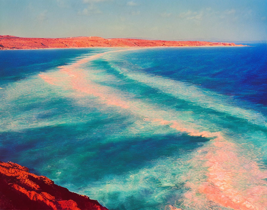 Turquoise Ocean Meeting Rugged Coastline Under Clear Sky