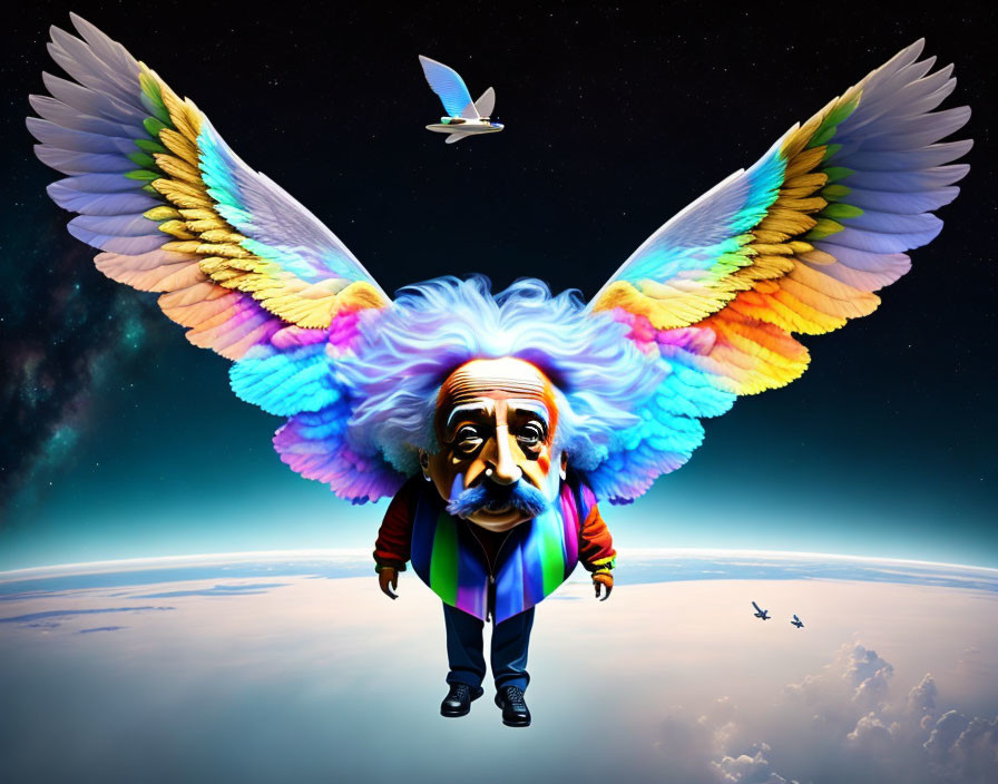 Colorful Caricature of Scientist with Rainbow Wings and Book, Surrounded by Birds