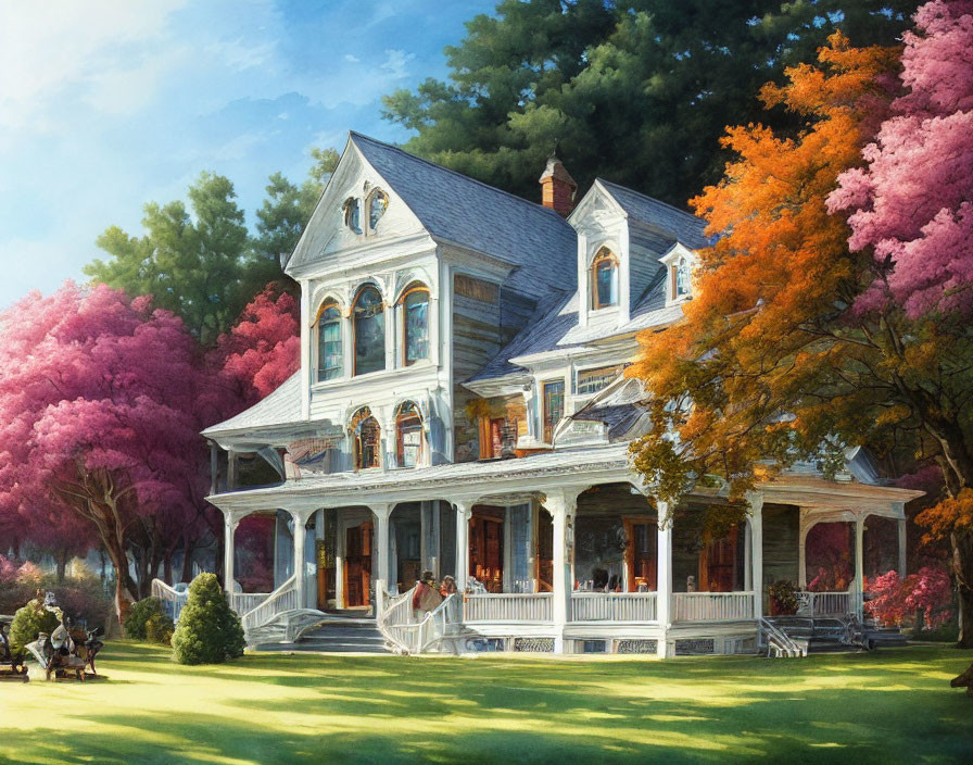 Victorian-style house with autumn trees and people on porch