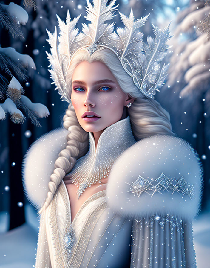 Fantasy illustration: Ice queen with crystal crown in snowy forest