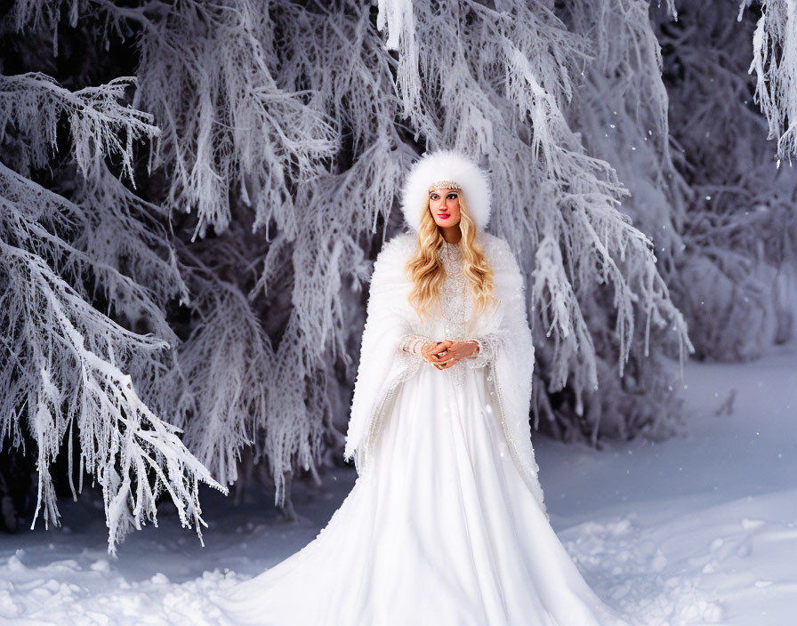 Woman in White Fur-Trimmed Dress in Snowy Forest