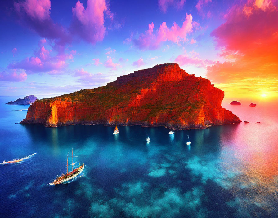 Scenic sunset view over serene sea with boats and island cliff