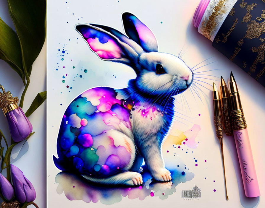 Colorful Rabbit Illustration with Galaxy Patterns, Pens, Book, and Purple Flowers on Desk