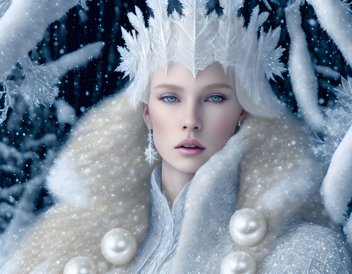 Woman in white crown and coat embodying winter aesthetic