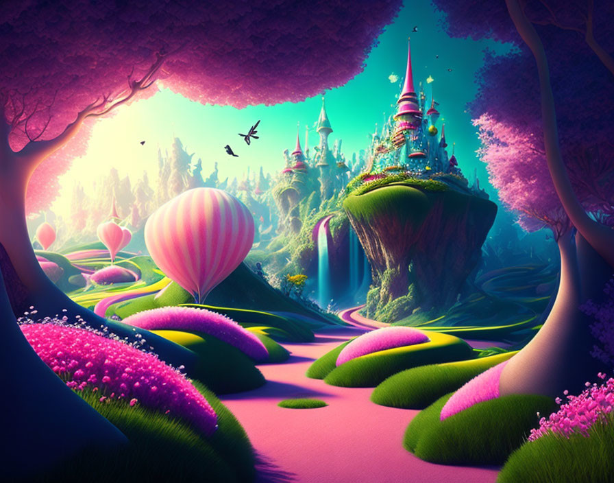 Fantasy landscape with pink flora, castle, hot air balloon, and green river