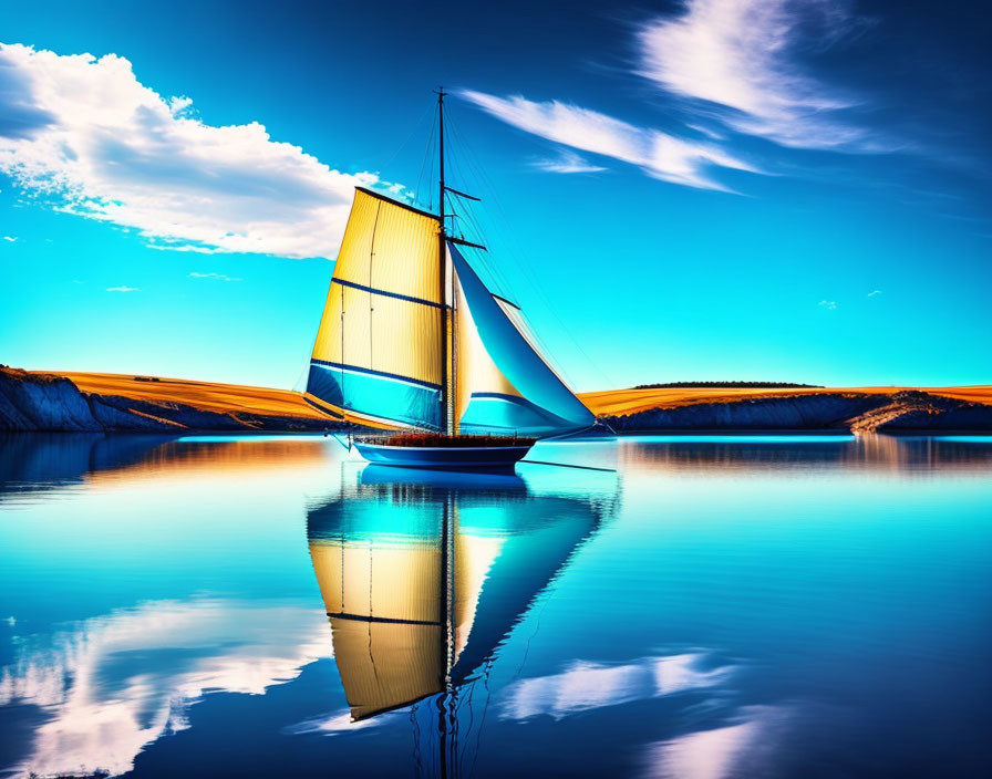 Colorful sailboat sailing on calm blue water with sandy dunes and clear sky